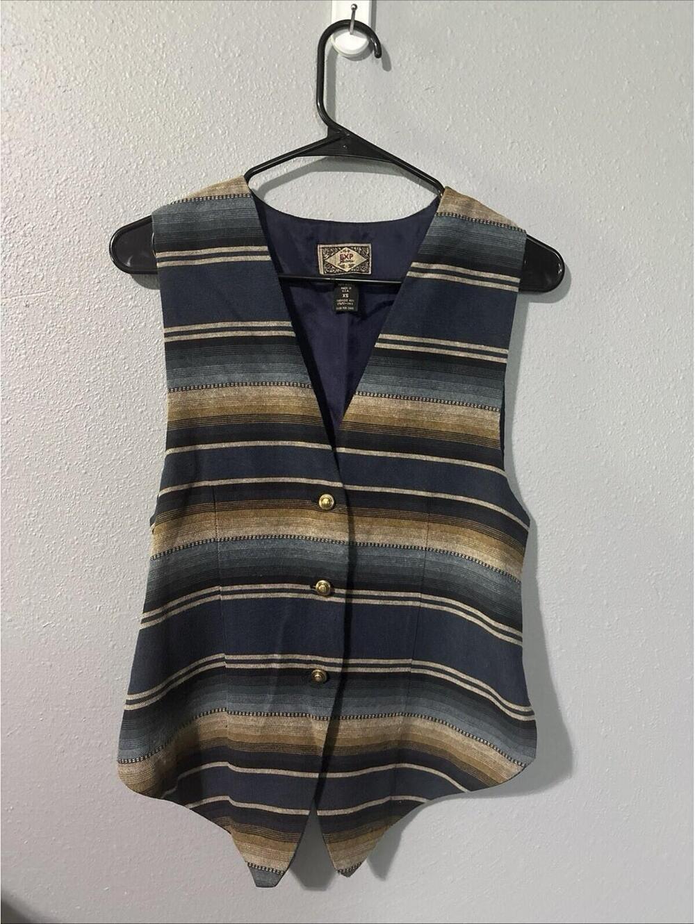90s Vintage Express Blue Tan Southwestern Style Women's Vest Sz XS Woven Boho